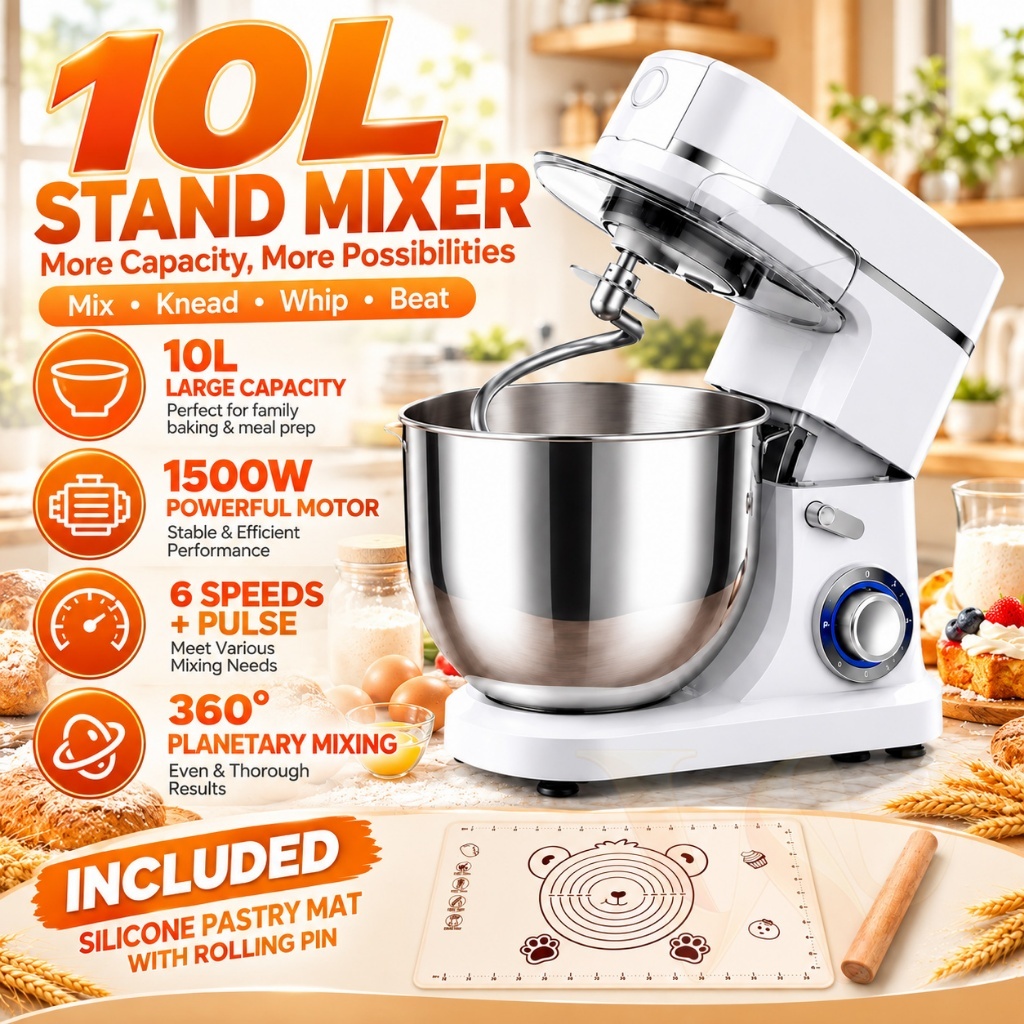 10L 1500W Stand Mixer Heavy Kitchen Duty Dough Kneader Baking Mixer Large Capacity Mesin Adun Mixer Cake Mesin Uli Doh