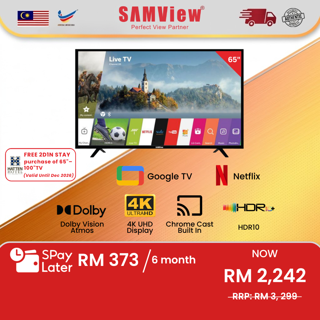 SAMView 4K QLED 65″ Licensed Google Android Smart LED TV with Chromecast, Bluetooth and Dolby Sound