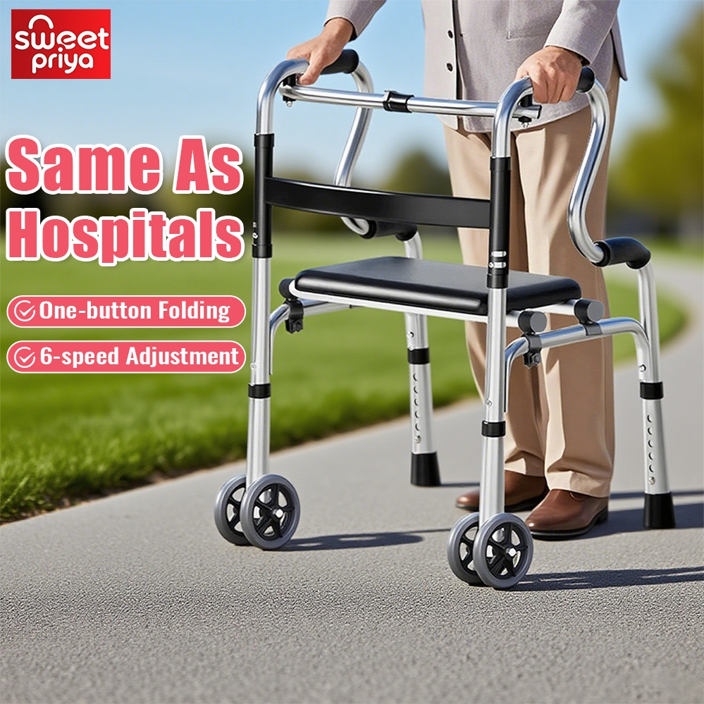 Outdoor Walking Frame With Seat Folding Crutch Stick Adjustable Elderly Walker Stainless Steel Tongkat Bantu Jalan 四脚拐杖