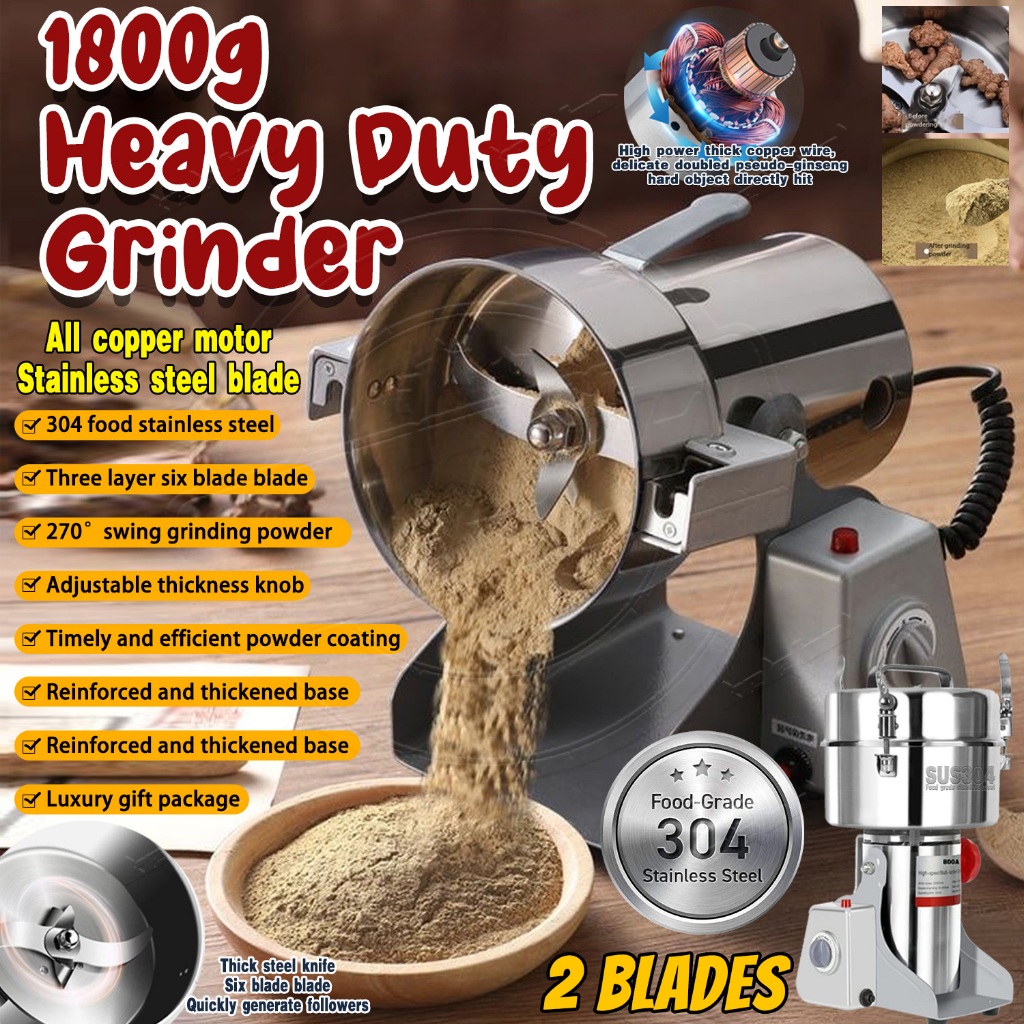 Grinder Machine 1800G Stainless Steel Dry Food Powder Crusher Mesin Pengisar Rempah Serbuk Big Capacity Kisar Cili Kerin