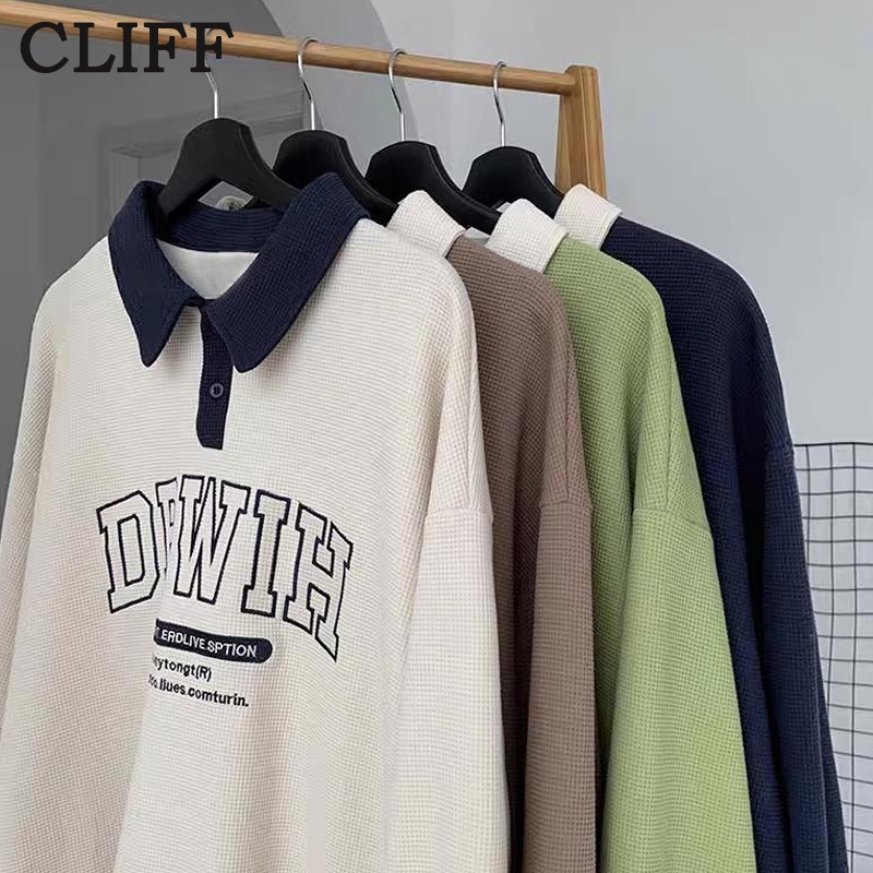 CLIFF Waffle Lapel Polo Sweatshirt Men Fall Thin College Style Couple Basketball Baseball Polo T Shirt Lelaki Berkolar