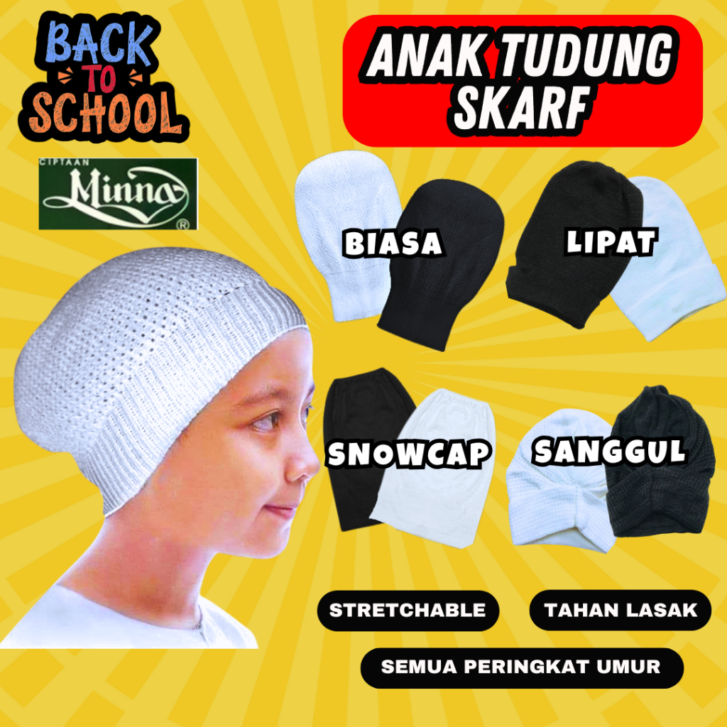 Anak Tudung Skarf Scarf Inner Tudung Serkup Kepala Knitwear Hitam Putih Original Minna Exclusive Sekolah