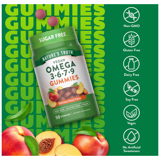 Nature's Truth, Vegan Omega 3-6-7-9 Gummies, Natural Peach, 50 Vegan Gummies, 100% Vegetarian