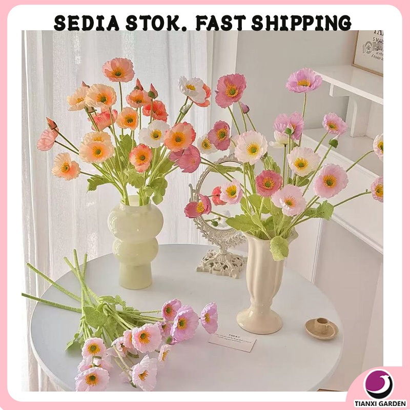 Flocking Poppy Artificial Flowers – Bunga Tiruan for Rustic Wedding & Home Decoration