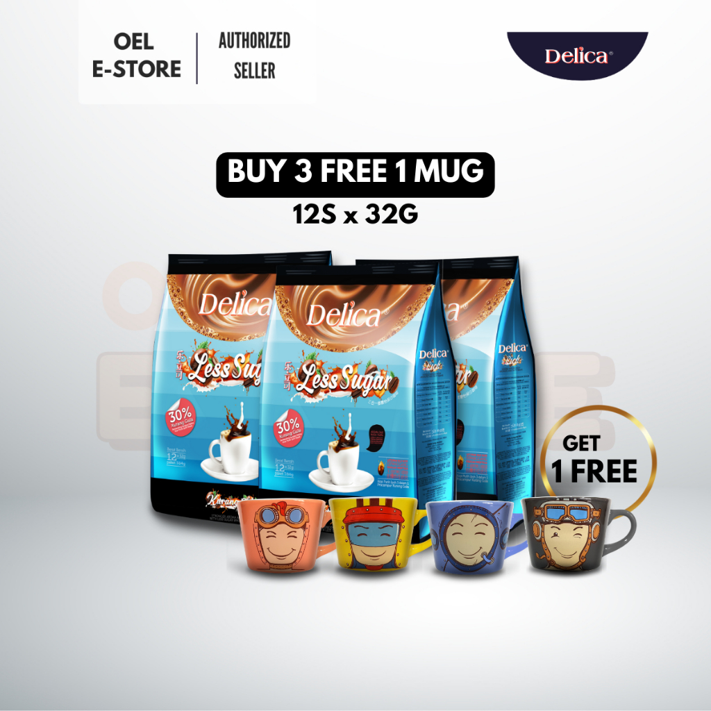 (3 Packs FREE 1 Cute Mug) Delica Ipoh White Coffee - Less Sugar
