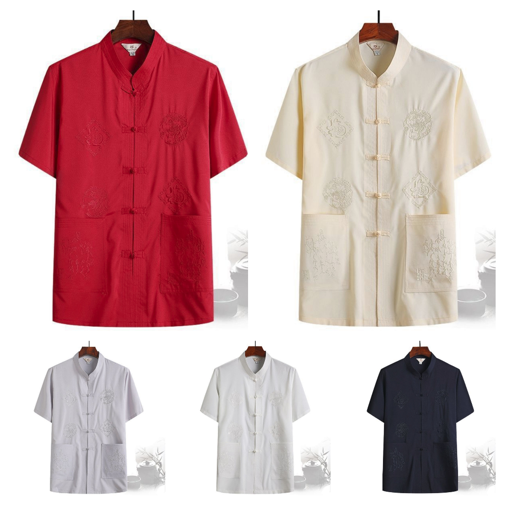 (Ready Stock in Malaysia) Man Men Tang Suit Samfu Chinese Shirt 唐装男爸爸夏装男士中国风亚麻短袖套装中式老年人衣服