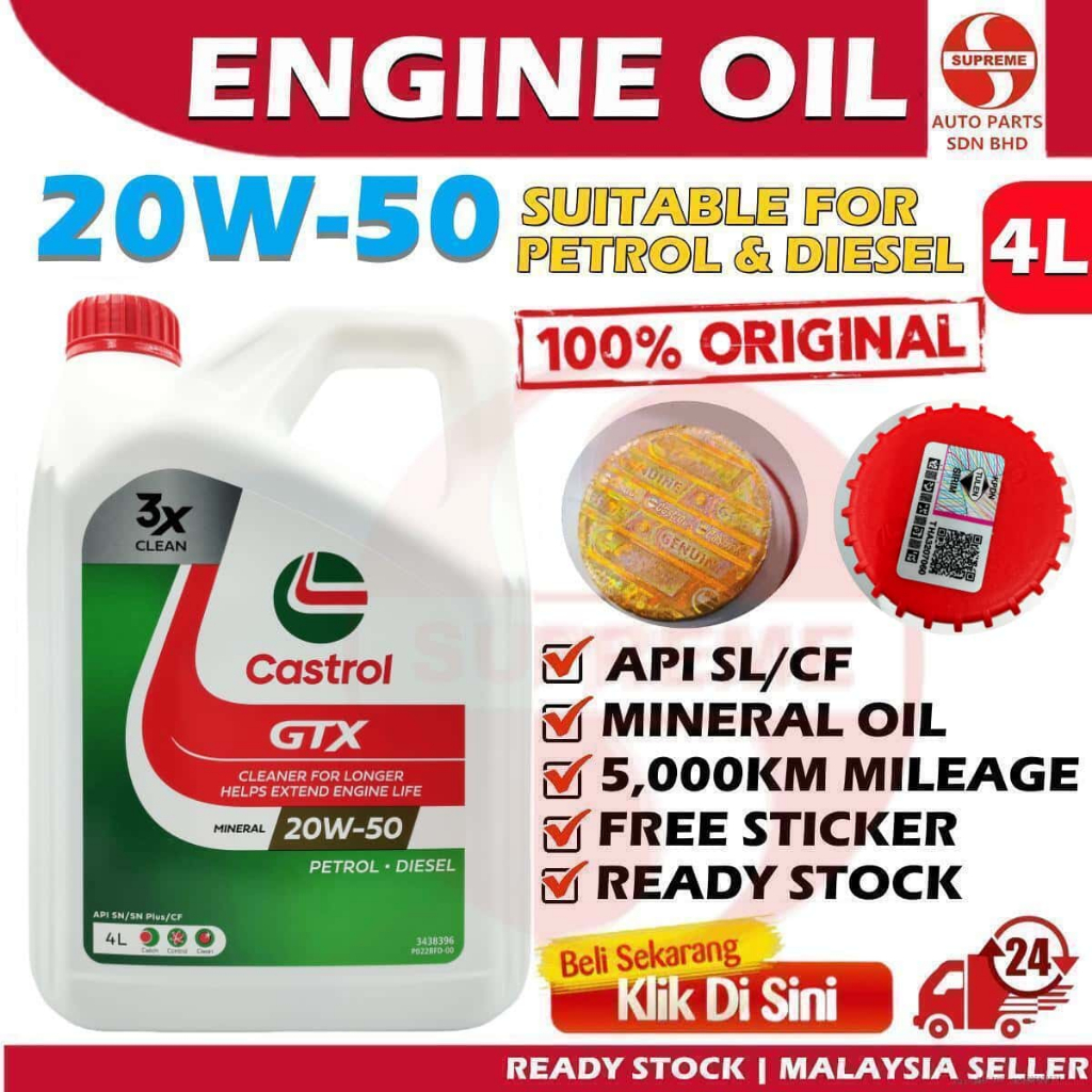 S2U Original Castrol 20W50 GTX Car Engine Oil 4Liter SL/CF Petrol Diesel Minyak Hitam Kereta Wira Saga Myvi Kancil