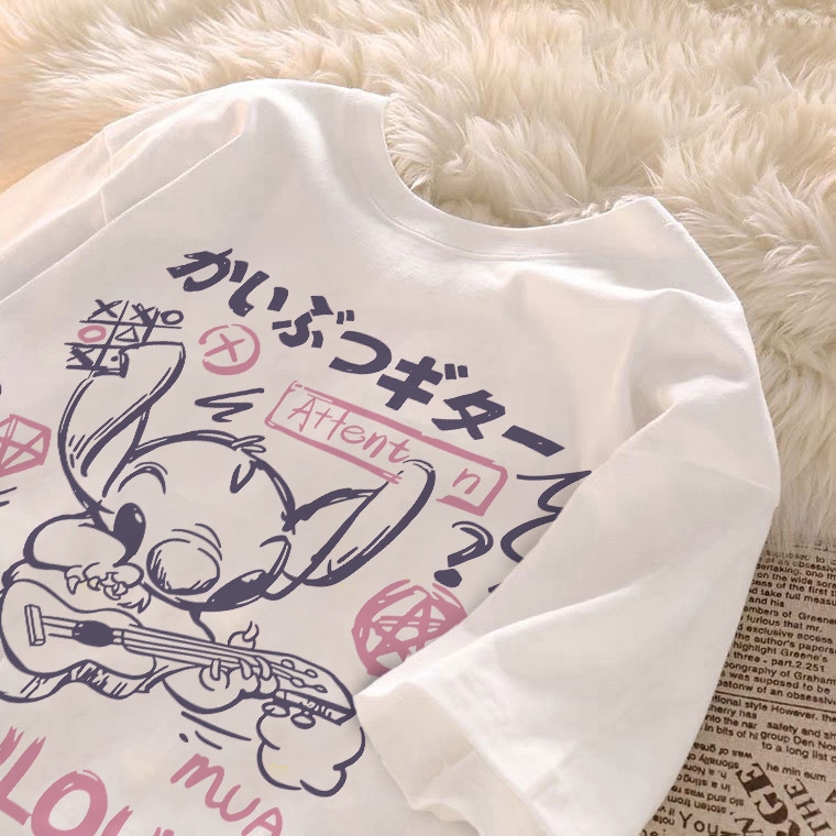 kumikumi Korean retro Stitch Print oversized Round neck white T-shirt for women