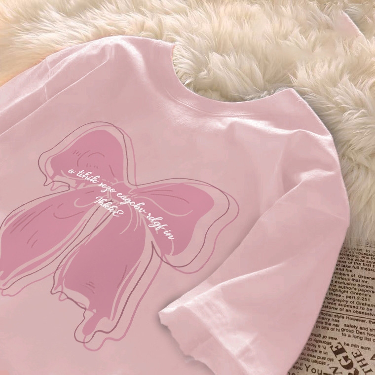 kumikumi Korean classic aesthetic shirt round neck T-shirt for women oversized Pink bow print