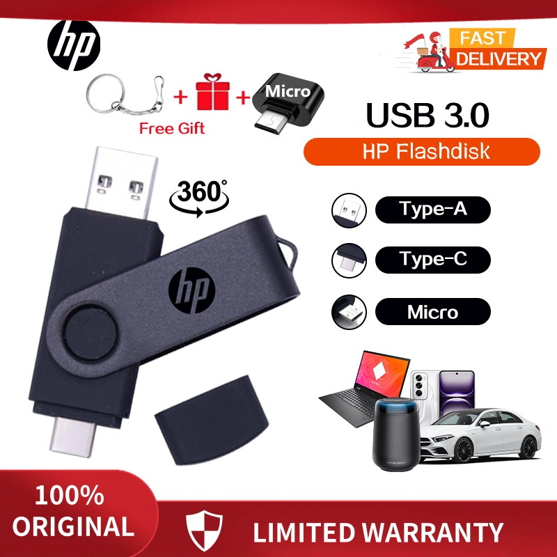 HP 2TB OTG 3 in 1 USB Micro Type-C High Speed Flash Drive 1TB 512GB 256GB for Android Smartphone Laptop