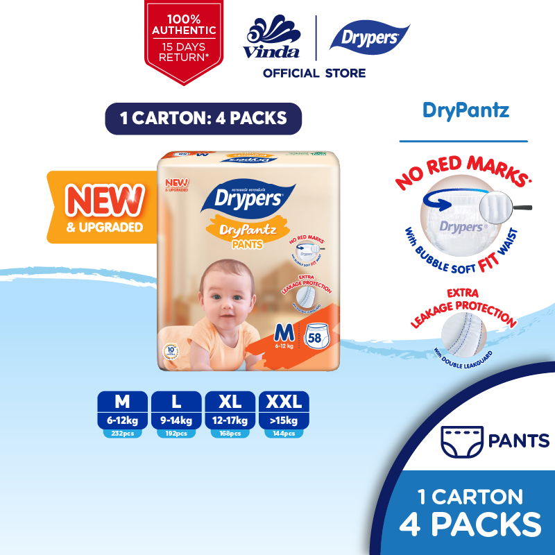 [New and Upgraded] Drypers DryPantz Baby Diapers M58/ L48/ XL42/ XXL36 (4 Packs)