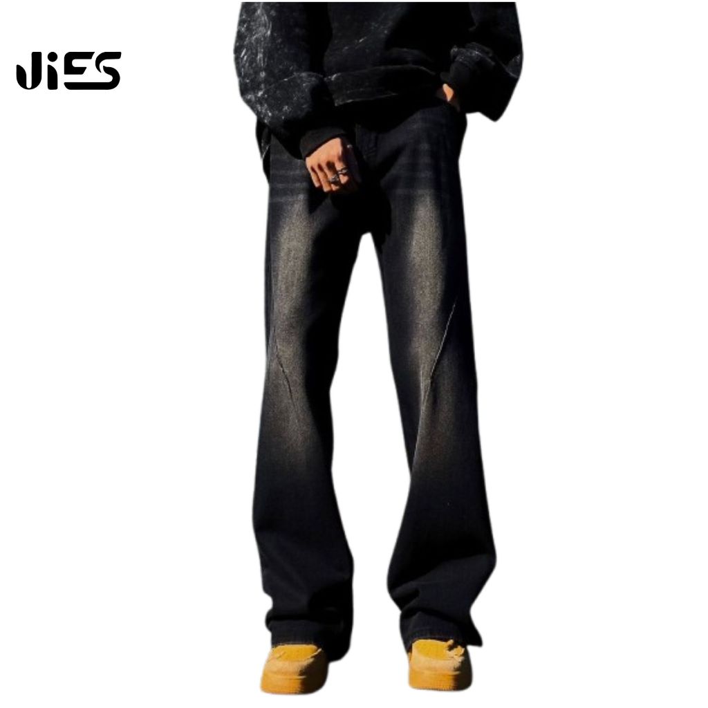 Jies Unisex Retro Slightly Flared Wide Leg Slim Jeans - Black Gray D666