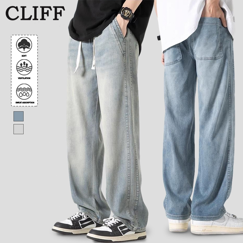 【Tempat Malaysia】CLIFF men Seluar jeans ringan musim panas Warna biru klasik Potongan lurus longgar Summer Retro Jeans