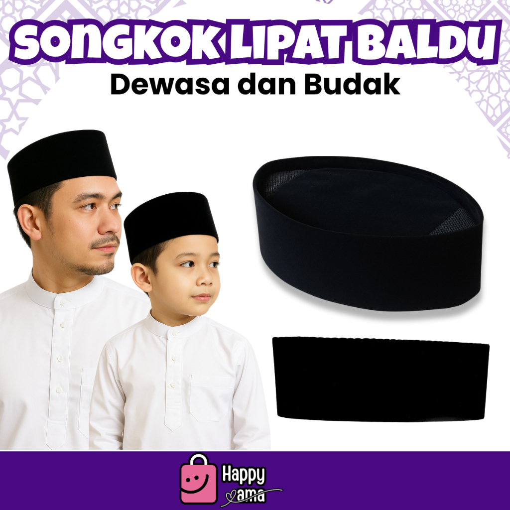 Songkok Baldu Lipat Tinggi 9cm Rata Dewasa dan Budak Kanak Peci Murah Sekolah Agama