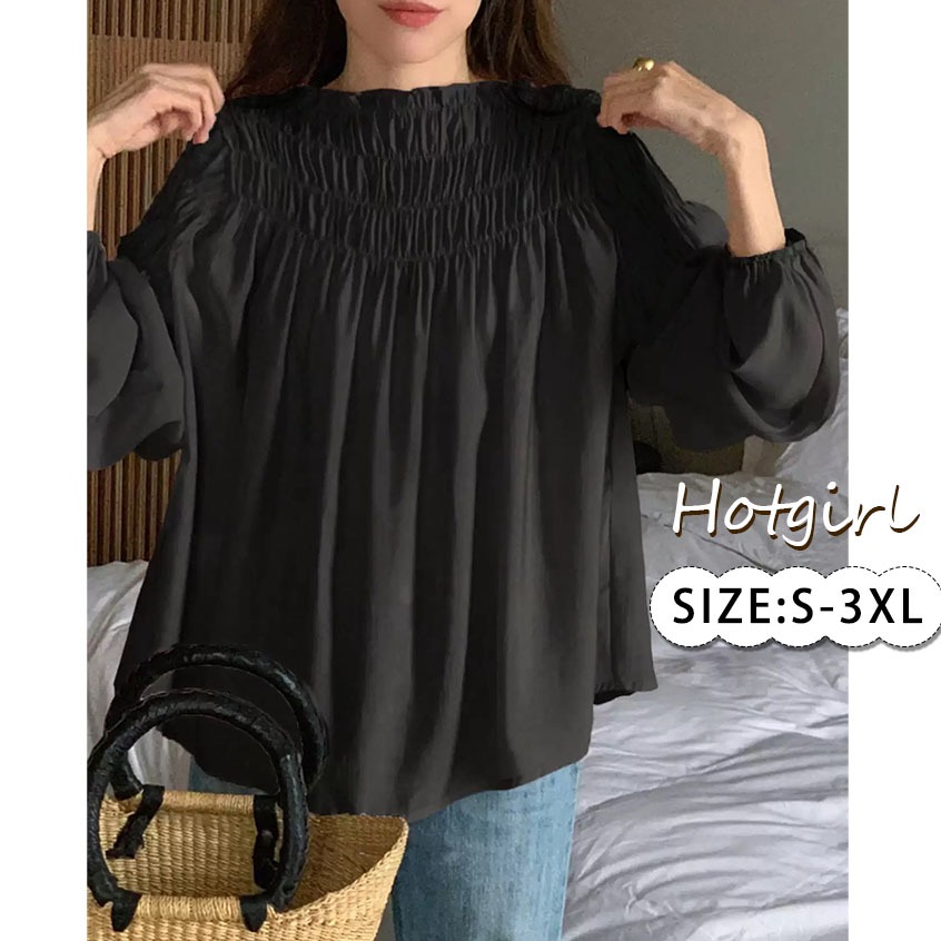 【READY STOCK AT Johor】 Hotgirl⭐French sweet round neck pleated design loose casual versatile puff sleeve shirt (S-3XL)