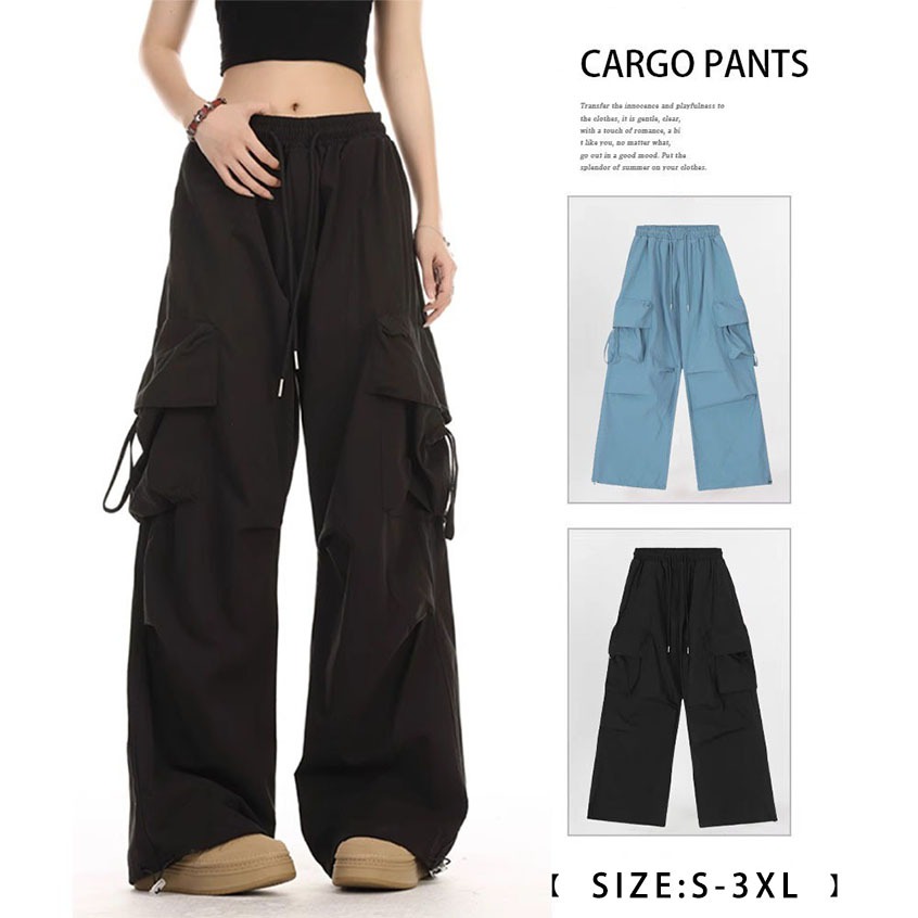 【READY STOCK AT Johor】 Hotgirl⭐Black Cargo Pocket Drawstring Pant Casual Long Pant For Women Retro Fashion(SIZE: S-3XL)