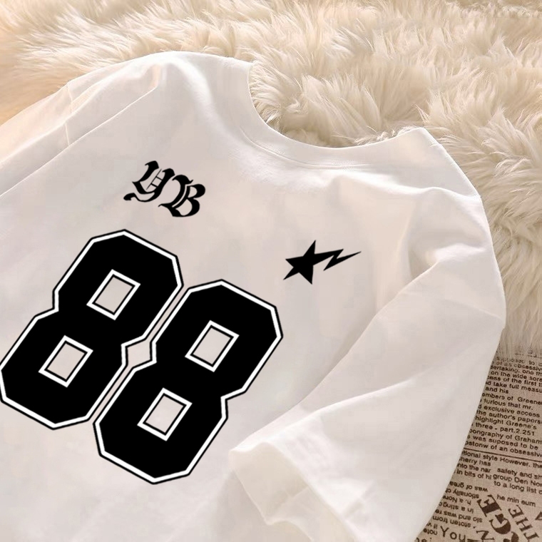 kumikumi No. 88 print oversized white T-shirt for women korean Aesthetics Crew Neck short sleeve