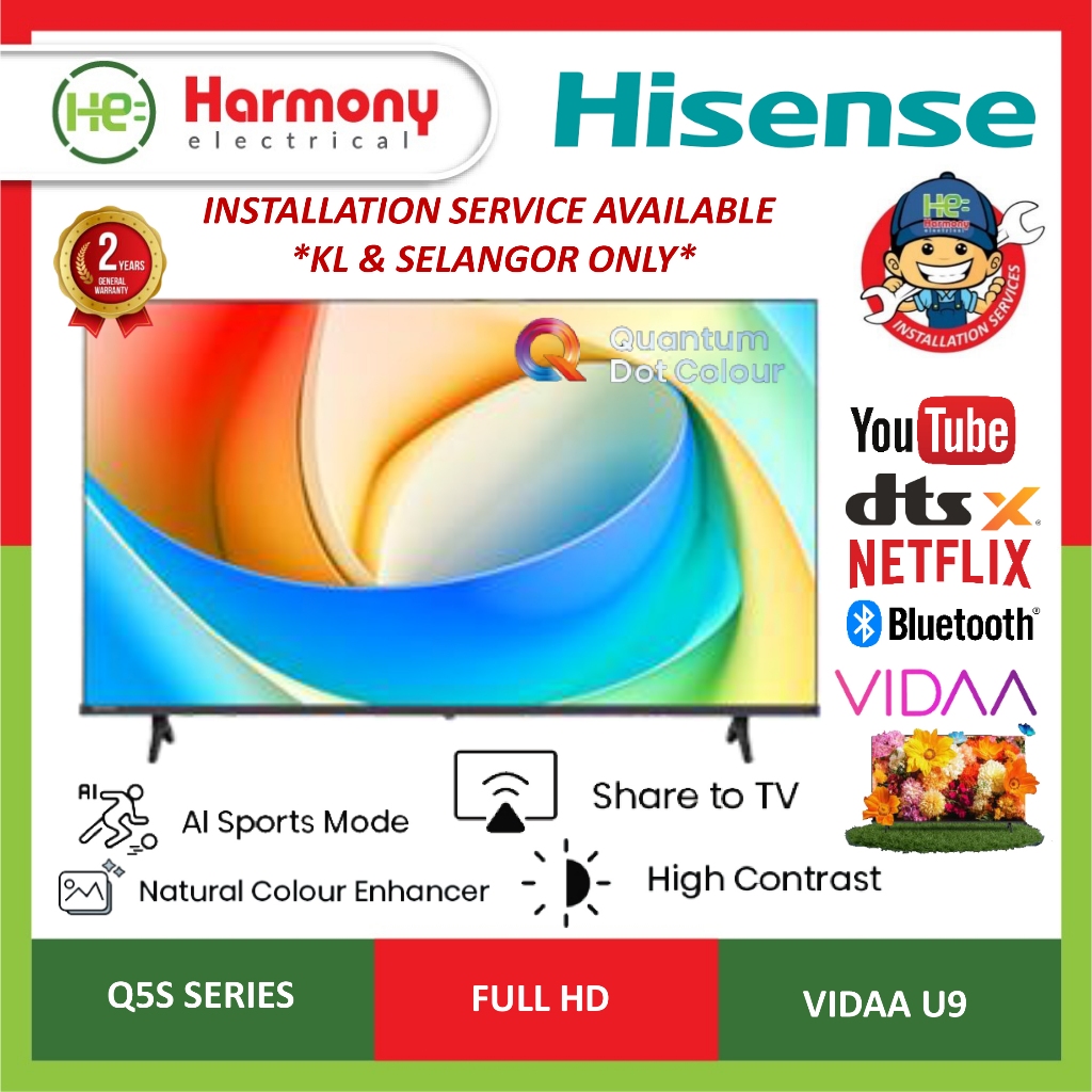 HISENSE 32" HD / 40" Full HD Smart 2K QLED TV Q5S Series 32Q5S / 40Q5S / Office /  CCTV / Hostel / Meeting Room