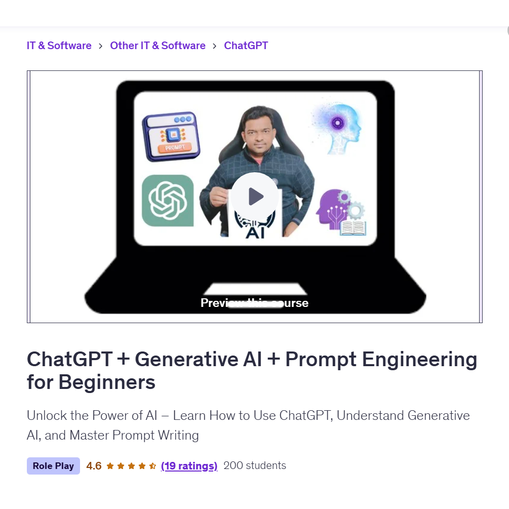 Ai Prompt Video Course-ChatGPT + Generative AI + Prompt Engineering for Beginners | Learn AI Prompt Video Lessons