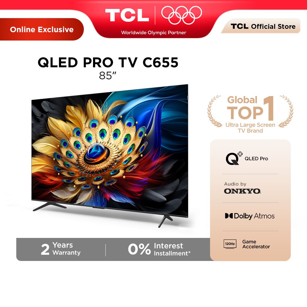 TCL 85 Inch QLED Google TV with ONKYO, 120hz Game Accelerator, T-Screen, Dolby Atmos Televisyen 85C655
