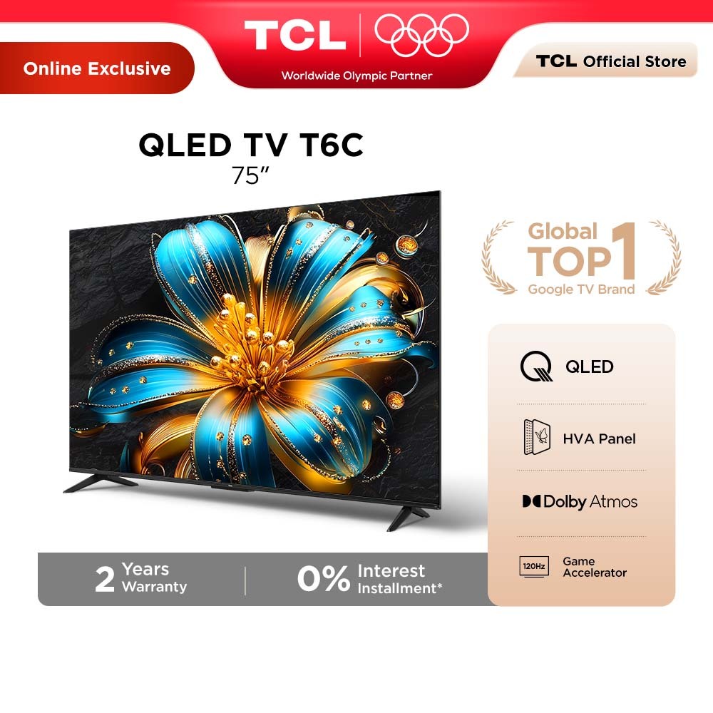 TCL 75 Inch QLED 4K Google TV with 120Hz Game Accelerator, Dolby Vision Atmos, HDR 10+ Televisyen 75T6C