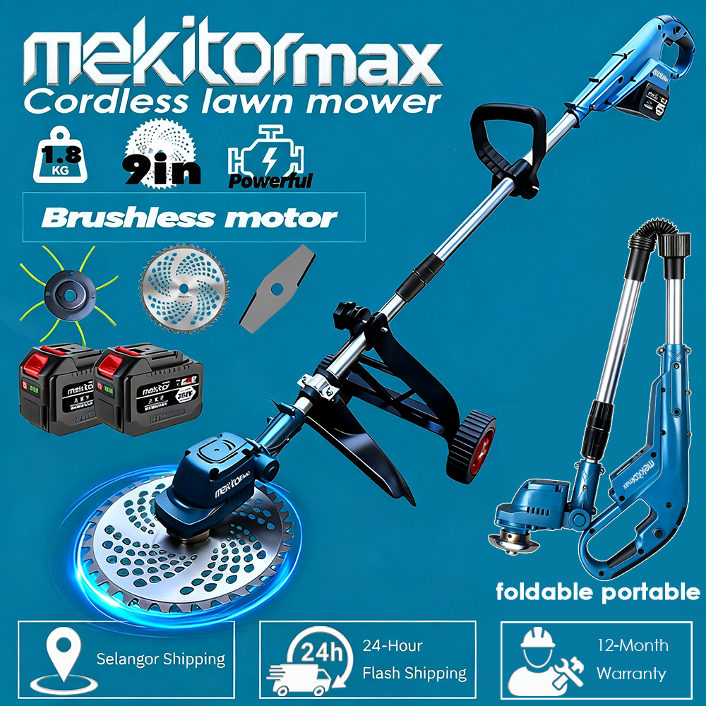 Mekitor Cordless Brushless Mesin Rumput Bateri Heavy Duty Grass Cutter 9 Inch Dengan Wheel Foldable Weed Trimmer Potong