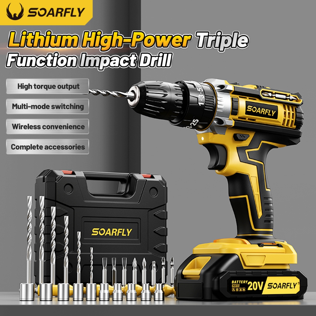 SOARFLY 3-in-1 Cordless Impact Drill 65Nm Torque Variable Speed 1/2 Battery Set DIY & Home Repair电钻