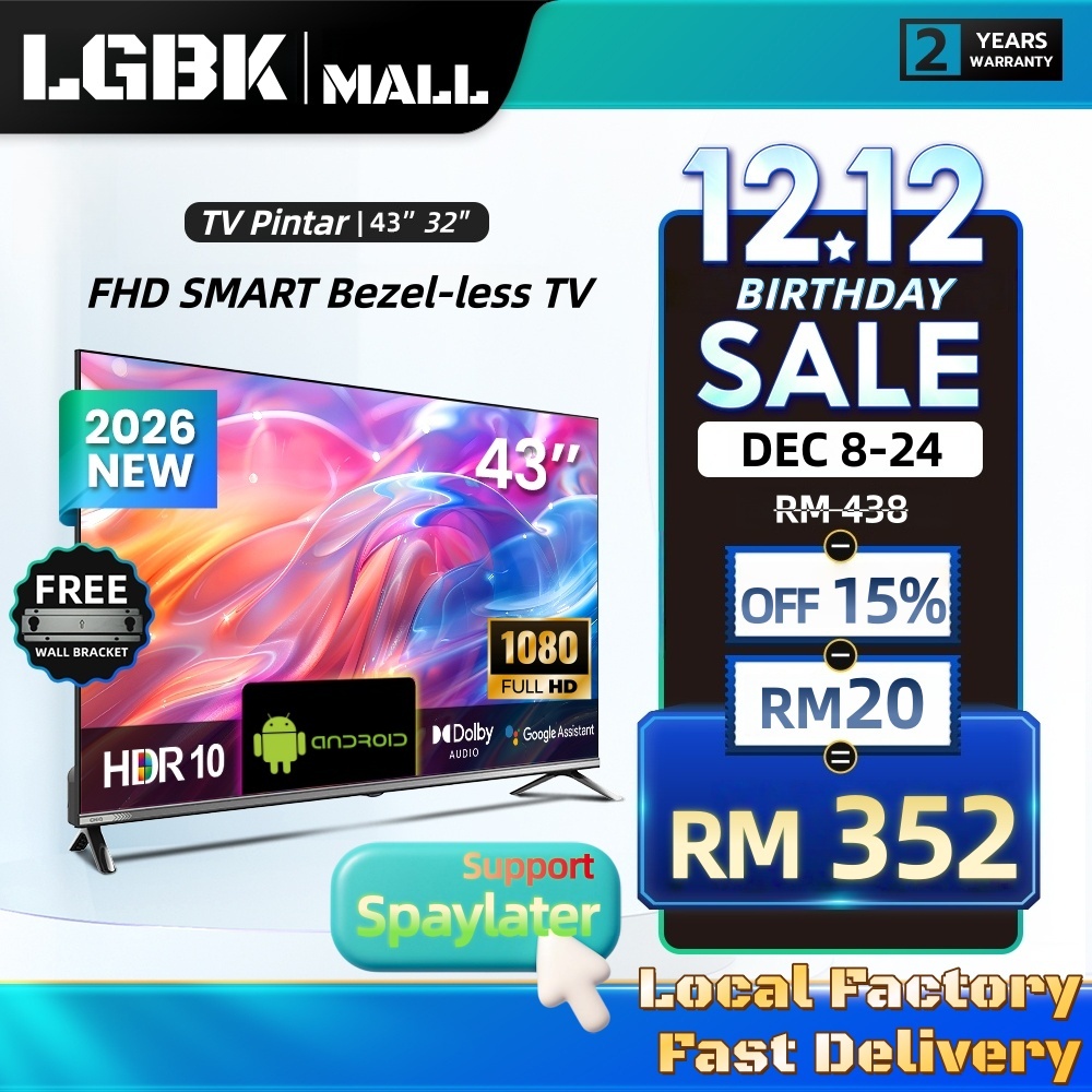 TV Pintar LGBK Smart TV Murah 43inci Bezel-less Android FHD 32'' Televisi Digital TV Speaker WIFI YouTube HDMI CCTV