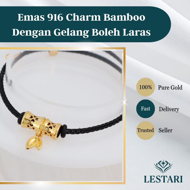 Emas 916 Charm Bamboo Dengan Gelang Boleh Laras 2.0mm I 916 Gold Bamboo Charm Adjustable Bracelet 2.0mm｜916黄金竹节弯管可调节手链