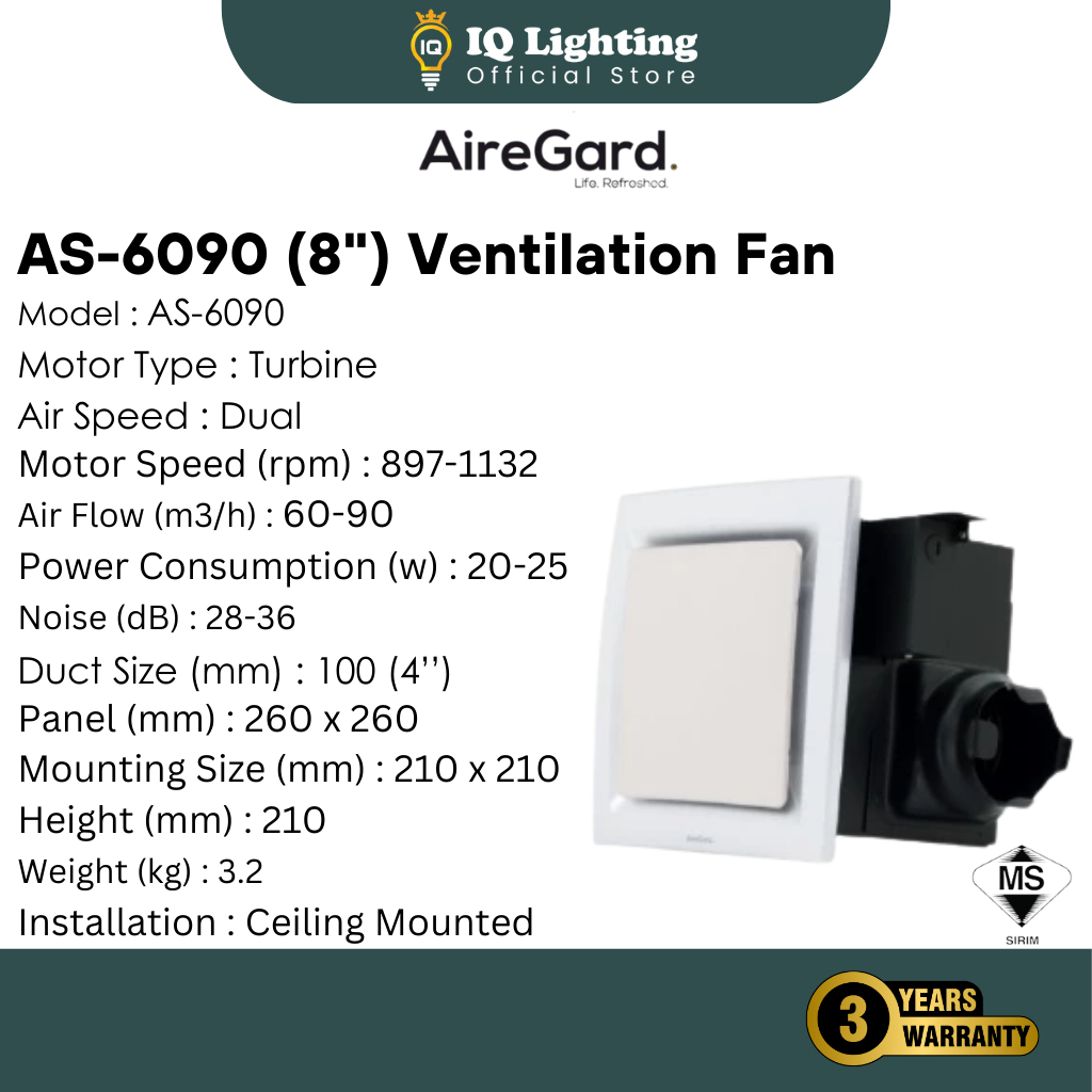 FREE SHIPPING  AireGard AS 6090 9020 SQ110 8" 10" inch Ceiling Air Ventilation Exhaust Fan / Kipas E