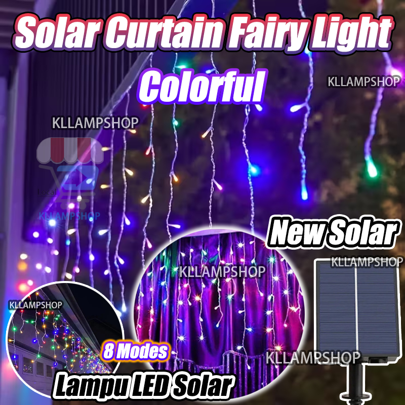 10m Lampu Raya Solar Curtain Fairy Light Hari raya Led light strip 200led Lampu led Room decor Lampu solar kelip kelip