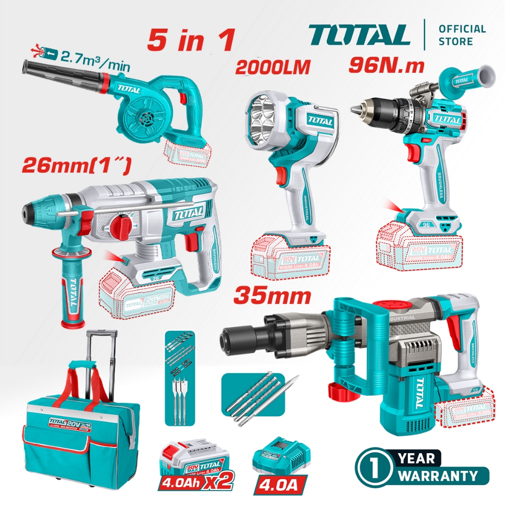 TOTAL Tools 5 Pcs Combo Kit (Rotary Hammer + Demolition Breaker + Blower + Impact Drill + Work Lamp) TOSLI251083
