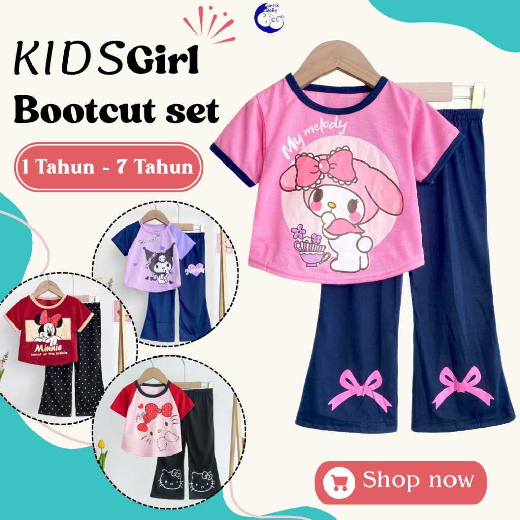 CantikBaby(1-7 Yrs) Crop top + Bootcut Set Baju Budak Perempuan Lengan pendek Seluar Panjang Playset Kids Girl Clothing