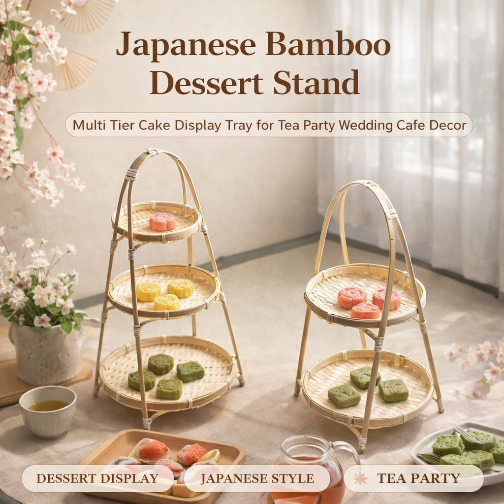 Japanese Bamboo Dessert Stand Multi Tier Cake Display Tray for Tea Party Wedding Cafe Home Decor