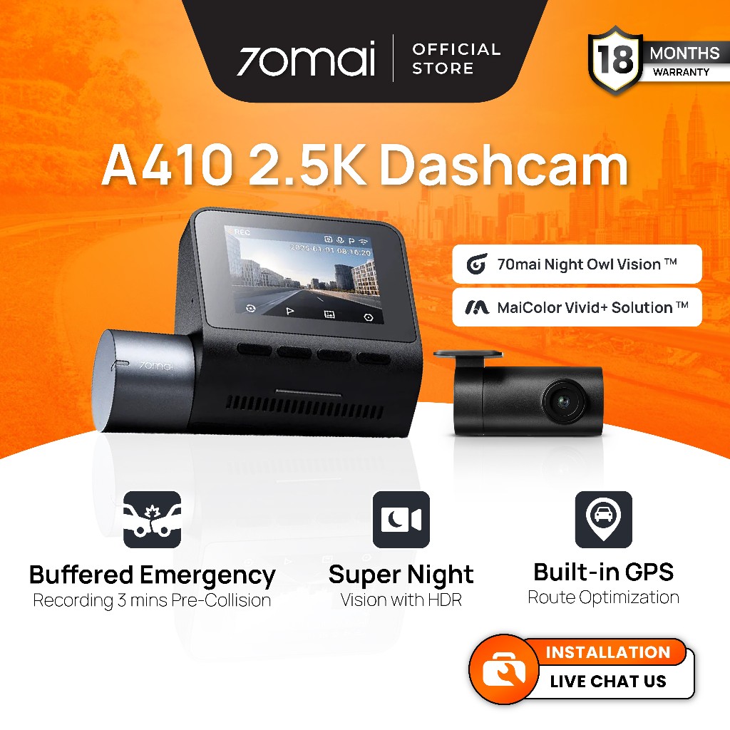 70mai A410 Dashcam 2.5K + HDR | Dual Channel Recording | Built-in GPS | Super Night Vision | 24H Parking Surveillance