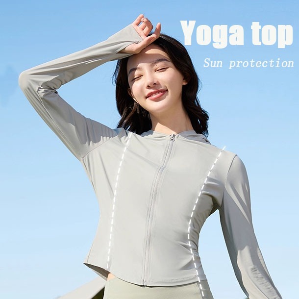 UPF50+ Ice Silk Quick Dry Summer Jacket Hooded UV Protection For Women Yoga Tops Finger Loops and Breathable Fabric