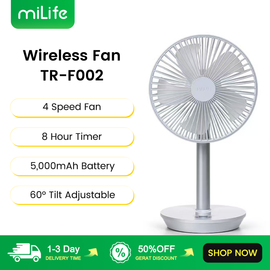 MiLife Wireless Table Fan TR-F002 4 Speed Fan 120° Wide Angle Low Noise Angin Kuat Kipas Meja