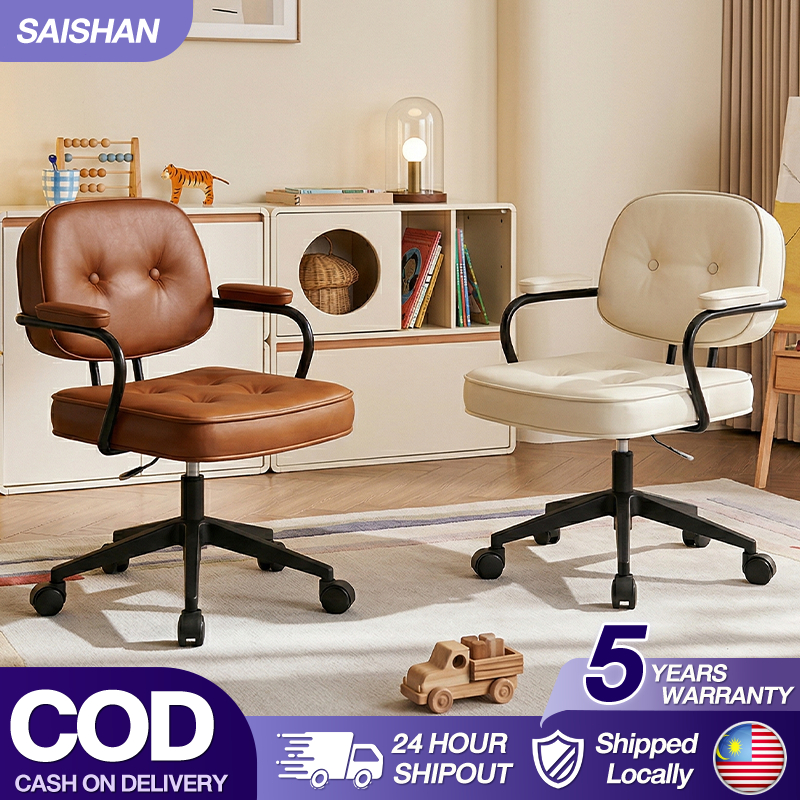 Lounge Chair With Reclining Function Vintage Leather Chair Soft-Pack Armrests Bedroom Dressing Chair Kerusi Pejabat