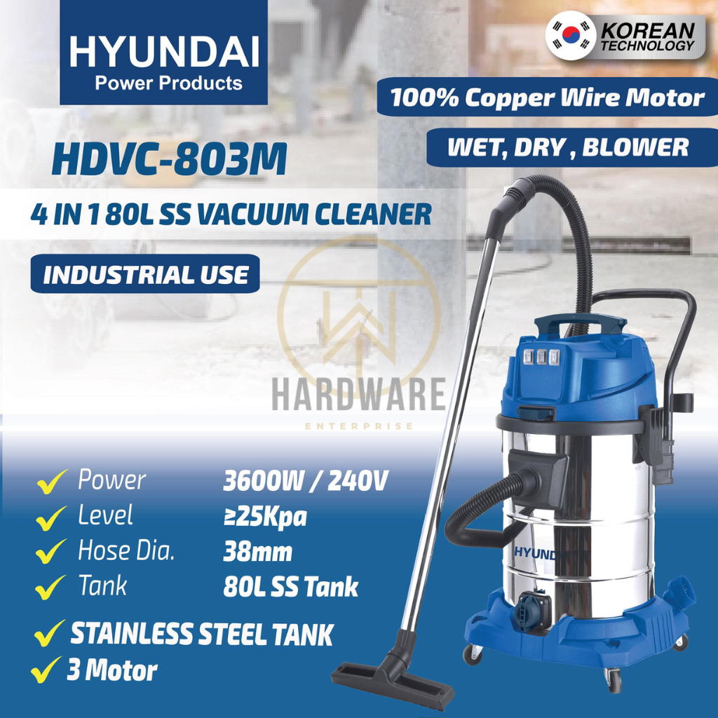 Heavy Duty Vacuum HYUNDAI HDVC-803M Industrial Wet & Dry Vacuum Cleaner (80L / 3600W) | 3 Motors - 6 Months Warranty