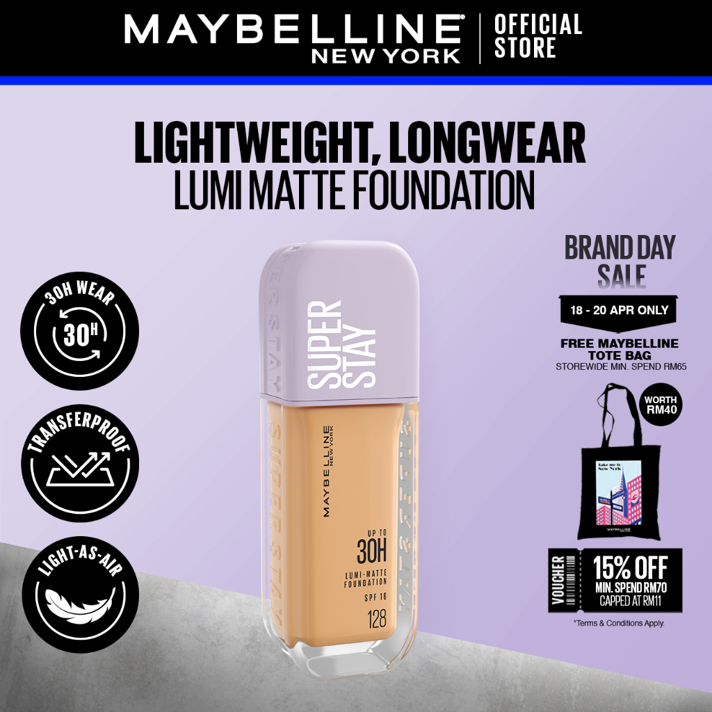 Maybelline Super Stay Lumi-Matte Foundation - 30H Longwear Light-as-Air Lightweight Waterproof Full Coverage