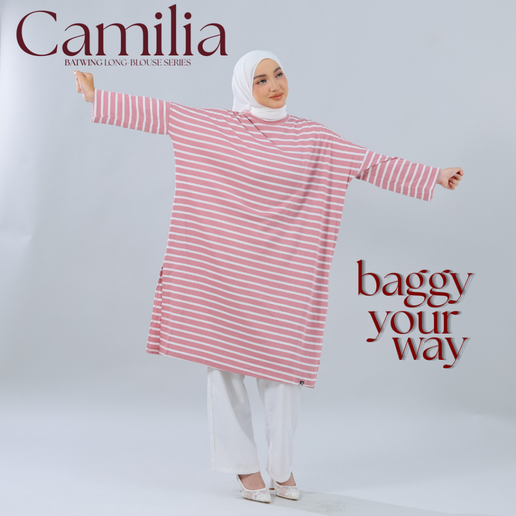 MS123 MODA STORE CAMILIA STRIPE BATWING BAGGY LABUH MUSLIMAH IRONLESS COTTON FREESIZE PLUS SIZE