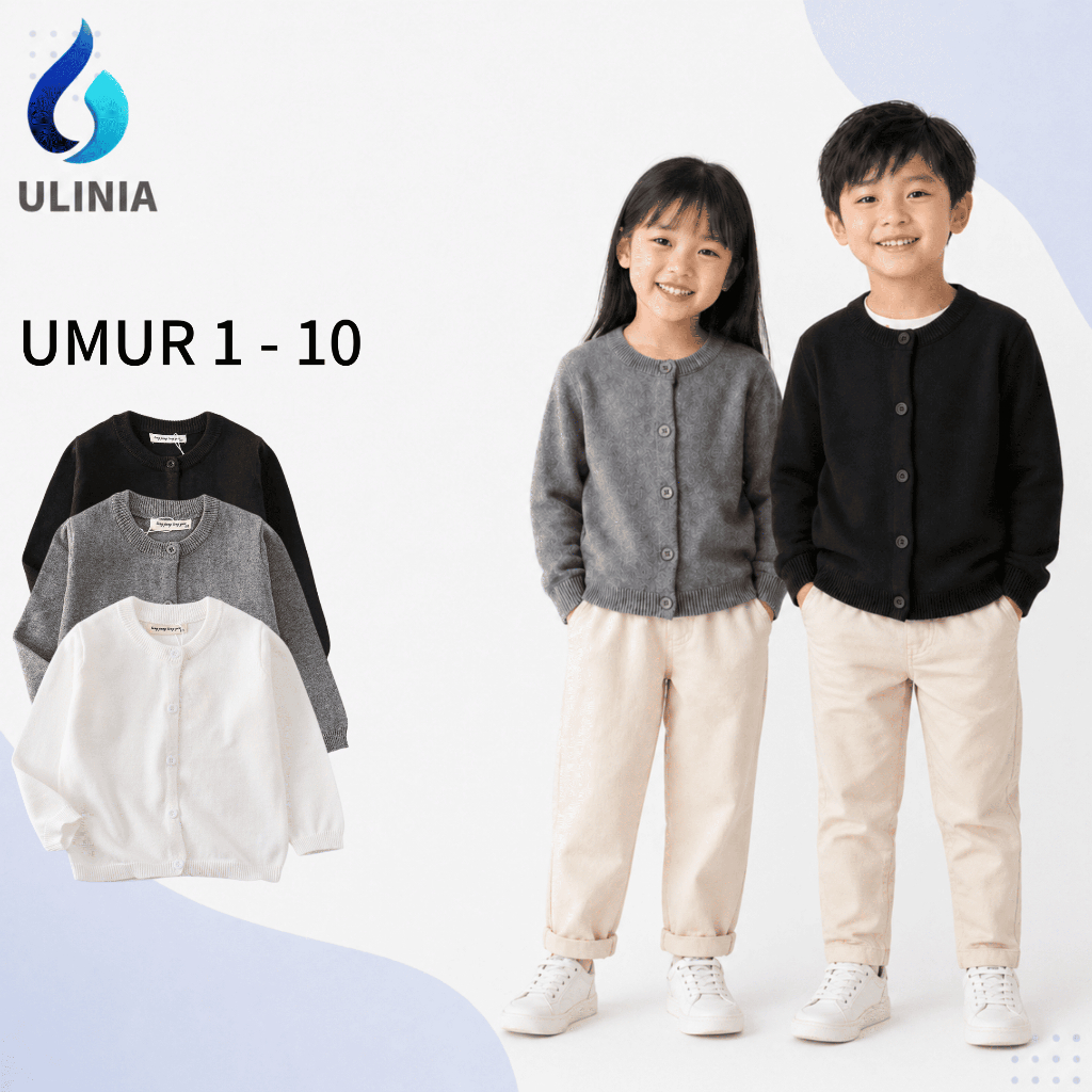 ULINIA Kids Cotton Cardigan Sweater | Baju Sejuk Kanak Kanak Unisex Lelaki Perempuan | Soft Daily Wear