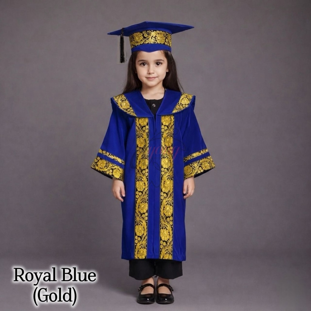Jubah Konvokesyen saiz TADIKA/PRASEKOLAH. Royal Blue Jalur Gold. Berserta topi motar. Minimum 10 Set