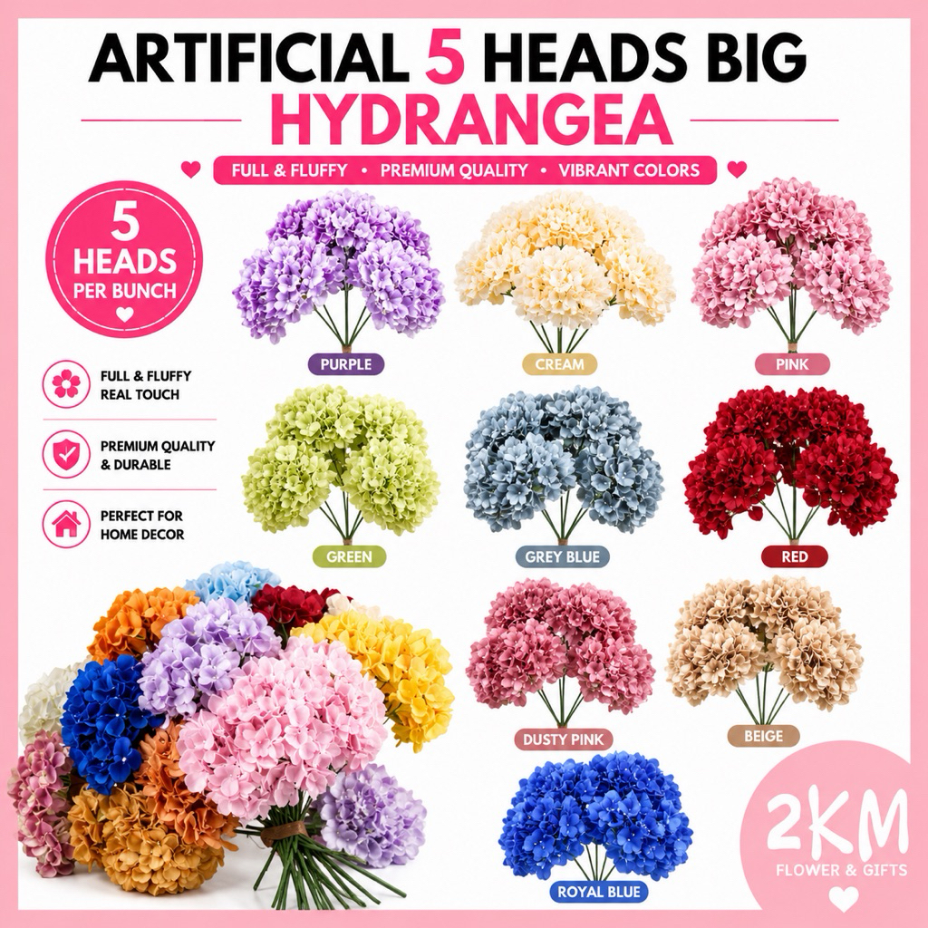 (5HEADS) BIG HYDRANGEA Artificial Fake Flower Bunga Wedding Kahwin Pelamin Gubahan Home Rumah Hantaran Decoration Hiasan