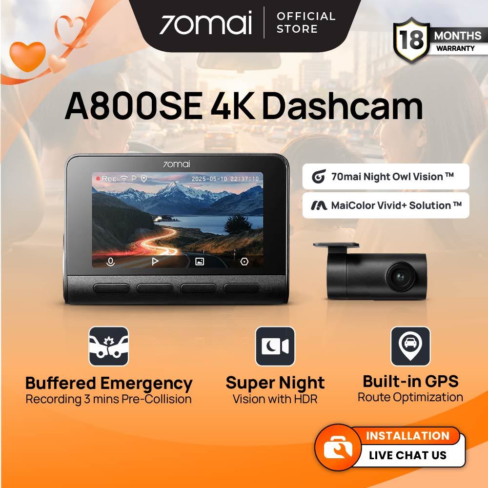 70mai A800SE Dashcam 4K Resolution + HDR | Built-in GPS & ADAS | Supercapacitor | Dual-Channel | App Control