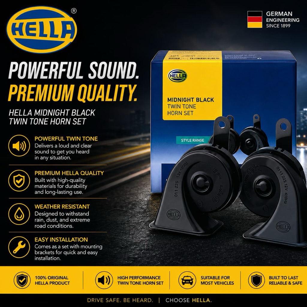 [UNCLE SPARE PART] HELLA Midnight Black 12V Car Horn Snail Horn Set Twin Tone Hon Kereta 110dB(A) Relay 车喇叭 - HELLA