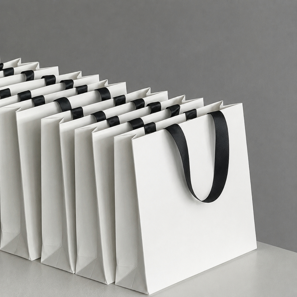 White Card Paper Gift Bag Flat Rope Handle Thick Plain Minimal Handbag 4 Sizes Wedding Birthday Doorgift Packaging