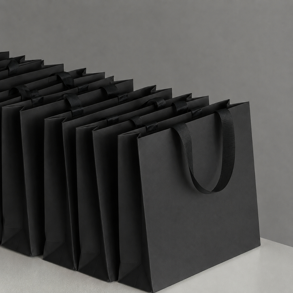 Matte Black Kraft Paper Gift Bag Flat Rope Handle High End Plain Handbag 4 Sizes Wedding Birthday Doorgift Boutique
