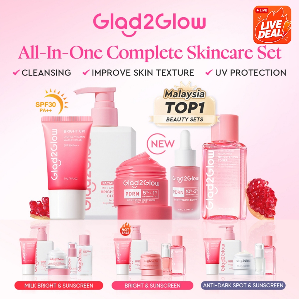 [LIVE EXTRA]Glad2Glow 5PCS Skincare Set-PDRN Moisturizer,Sunscreen,Cleanser,PDRN Serum,Toner Brightening|Repair|Acne