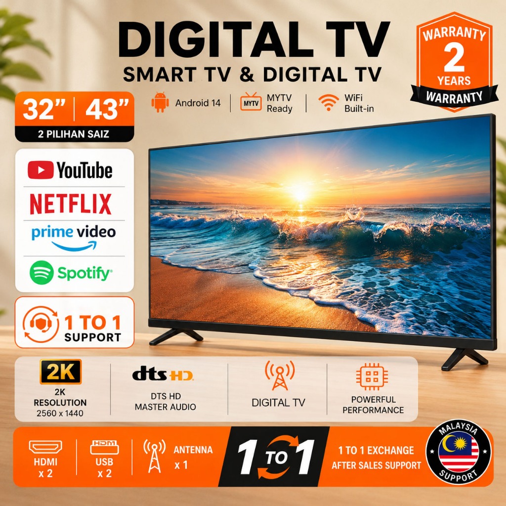 HVAWEI Televisyen Smart TV LED Digital 32/43/55 Inch Full HD Android TV Netflix HDMI USB Antenna Tv Pintar
